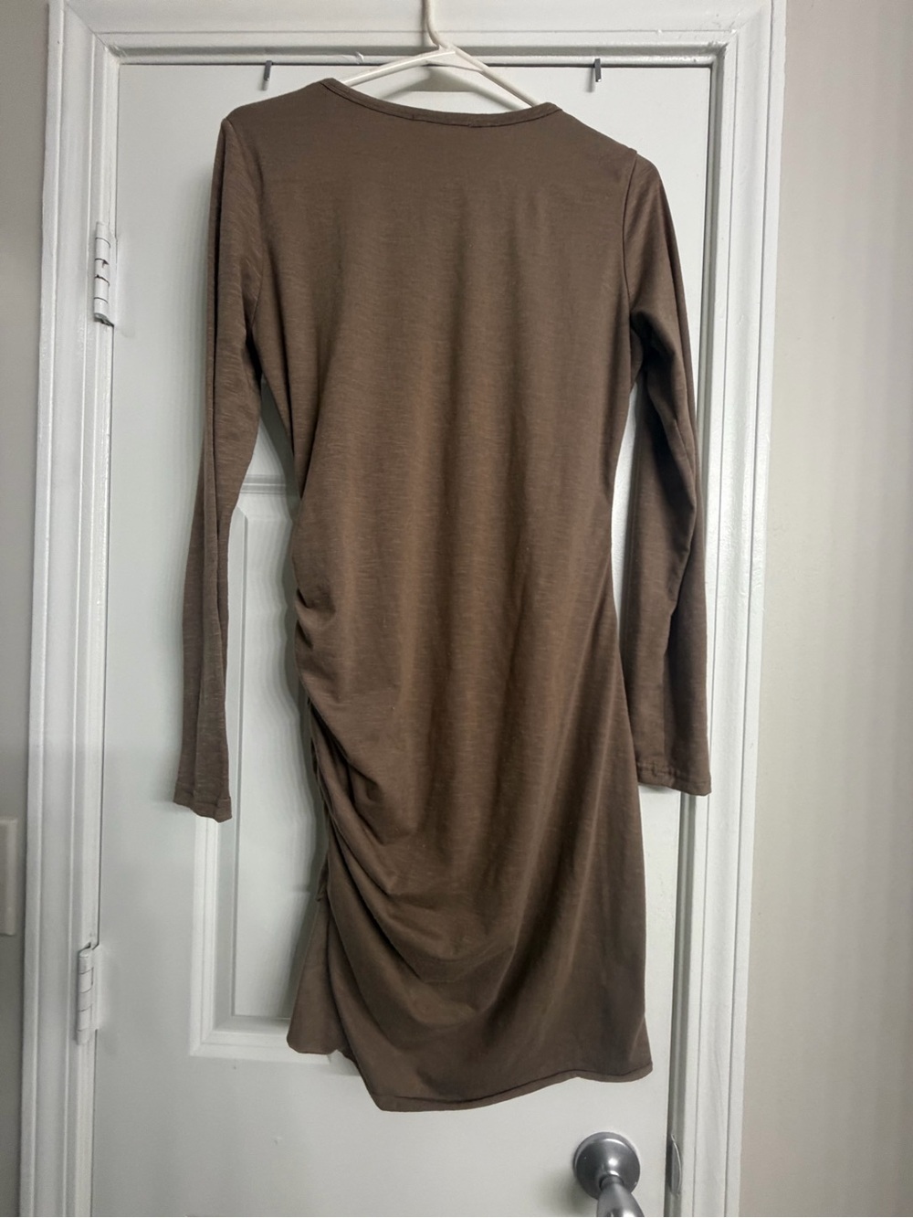 Ruched Long-Sleeve Brown Midi Dress
